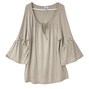 Haute Hippie Tribe Taupe Top L Tie Scoop Neck 3/4 Bell Sleeve Lace Up Detail